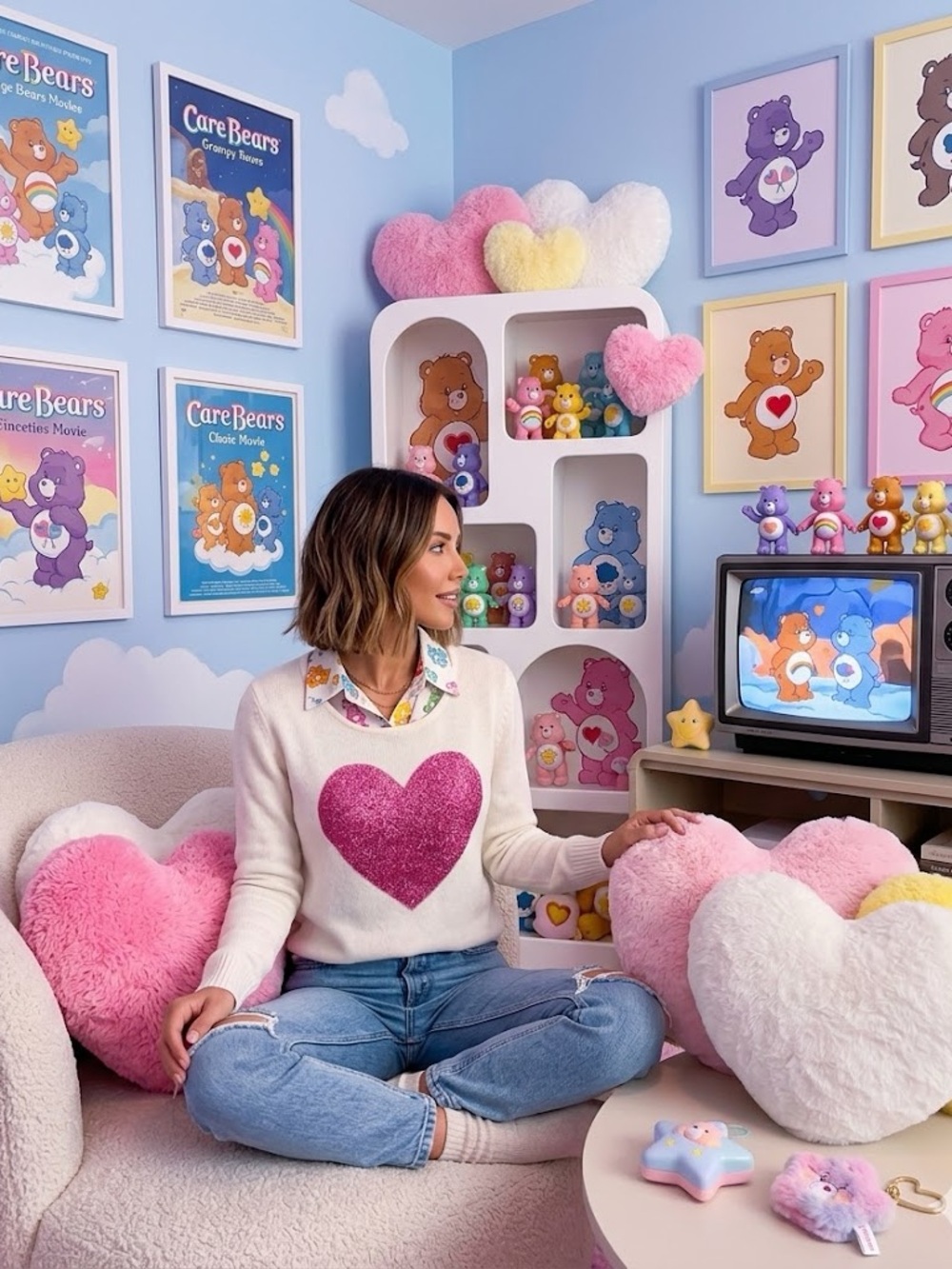 🔥Ivory White Sweater with Pink Heart Graphic